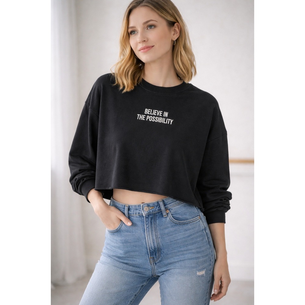 Black Cropped Graphic Sweatshirt Believe In The Possibility‎ M Casual Streetwear